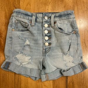 Aero Super High Rise Denim Distressed Cuffed Shorts Button Fly